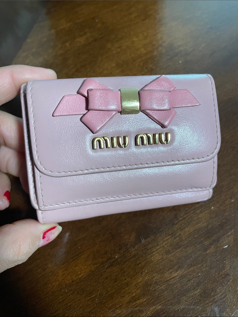 Miu Miu Pink Leather Bow Card Wallet with Gold Logo